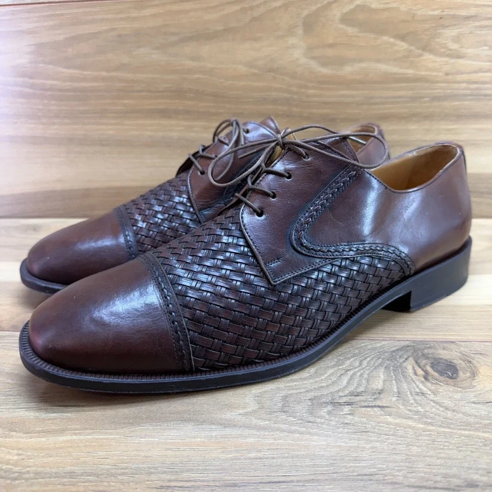 Principe Woven Leather Cap Toe Oxfords Mens 11 M Brown Leather Formal Wedding